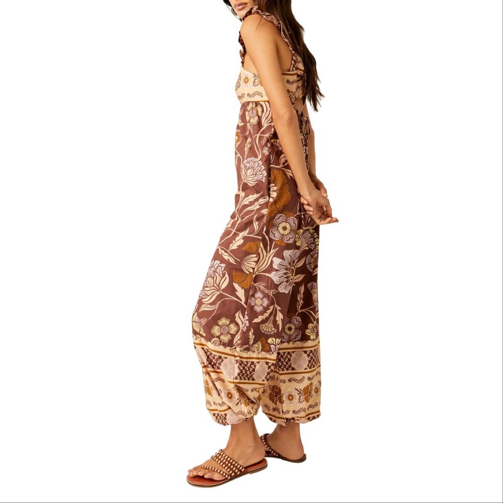 Free People Bali Albright Floral Cotton JUMPSUIT Size M Brown Coffee Combo NEW - Picture 6 of 13